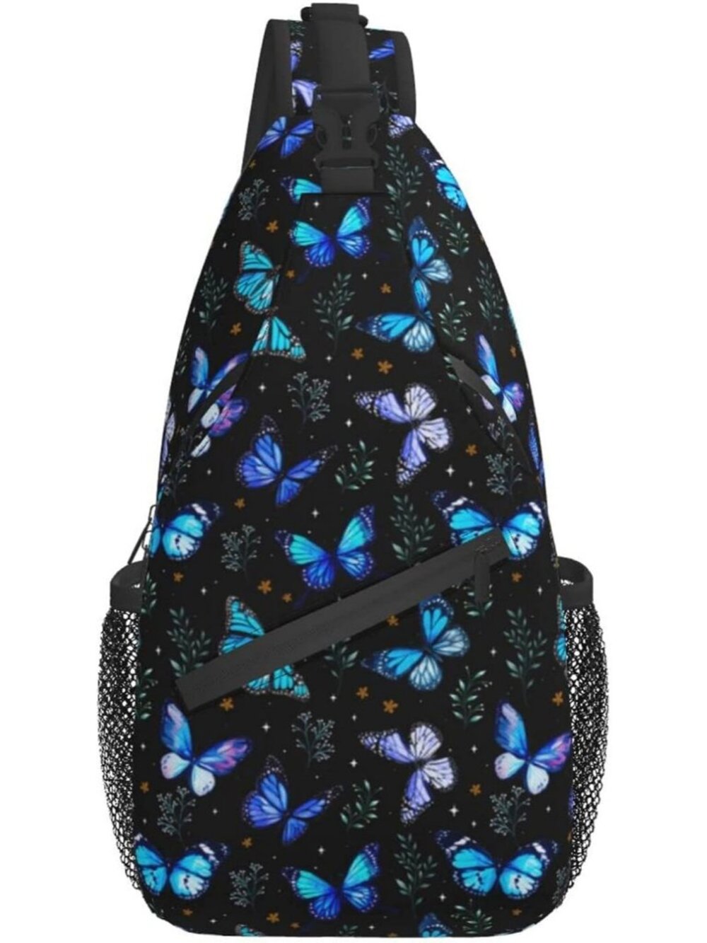 Unisex Blue Black Butterfly Sling Backpack Hiking Chest Crossbody Shoulder Bag